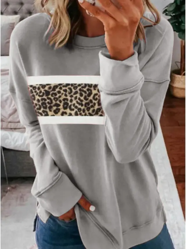 Leopard Print Long Sleeved Round Neck Sweater Women Grey - Shop at LoveMi