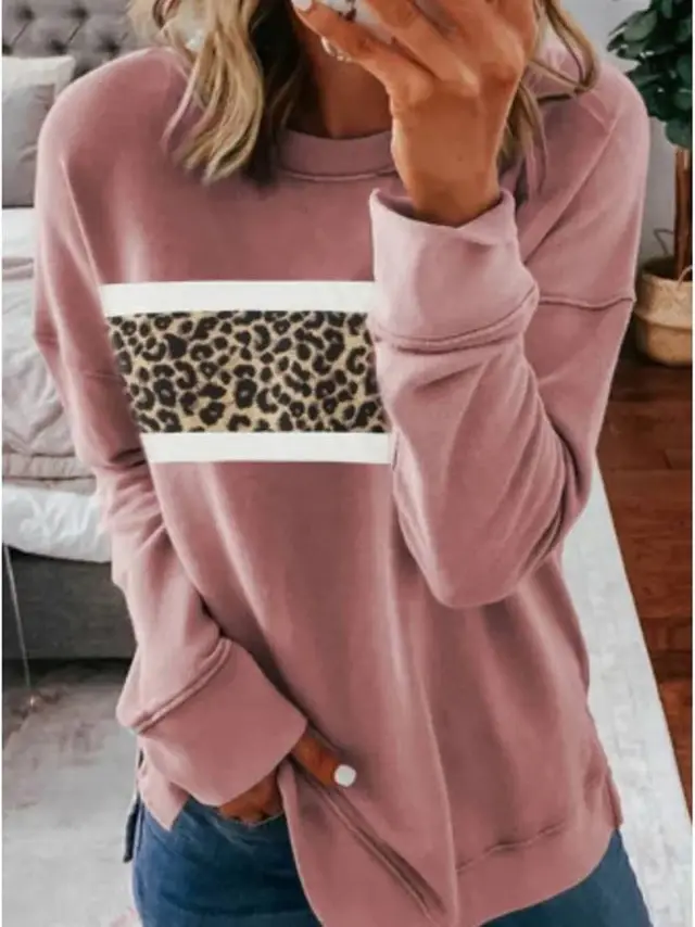 Leopard Print Long Sleeved Round Neck Sweater Women Pink - Shop at LoveMi