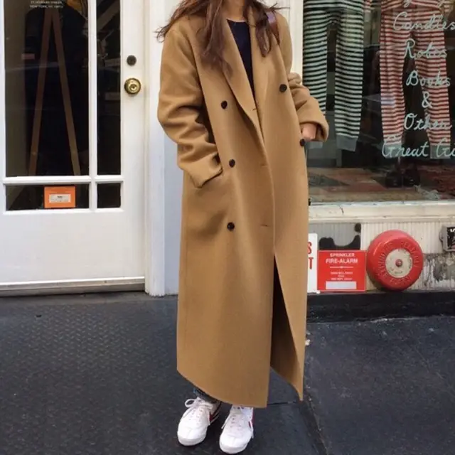 Fashion Double Breasted Loose Long Woolen Coat Khaki - Shop at LoveMi