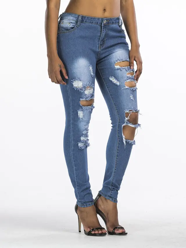 Ladies Fashion Ripped Denim Trousers And Feet Pants Blue - Shop at LoveMi