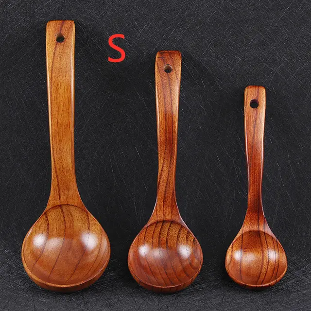 BalleenShiny Wooden Soup Spoon Curved Handle Kitchen Accessory Eco friendly Big Scoop Porridge Food Tableware Hotel Home Supply Brown - Shop at LoveMi