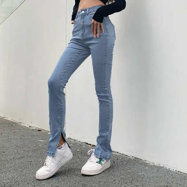 Small Slit Skinny Slim Flared Trousers Blue - Shop at LoveMi