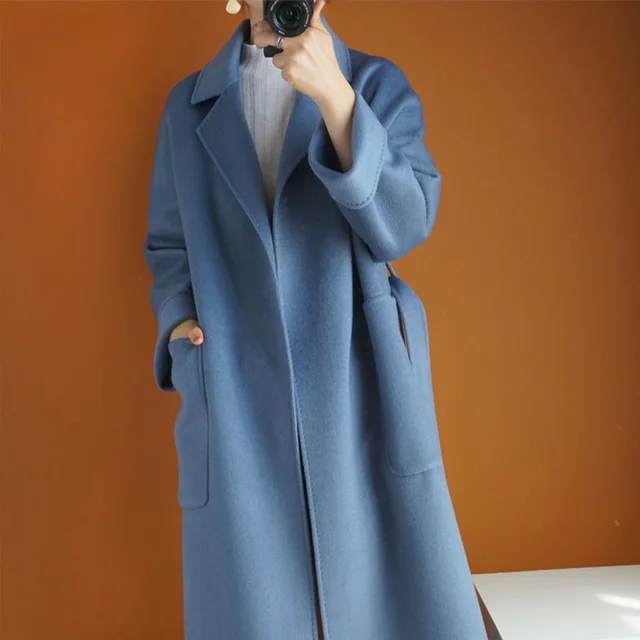 Women's Loose Temperament Mid length Woolen Coat Blue - Shop at LoveMi