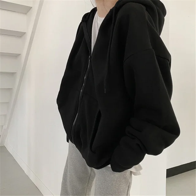 Women's Loose Mid Length Plus Fleece Hooded Jacket Black - Shop at LoveMi