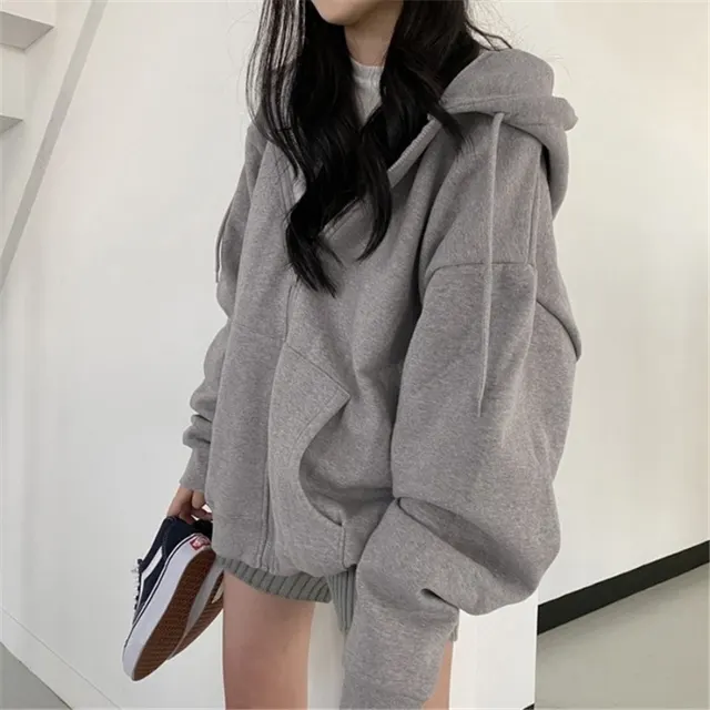 Women's Loose Mid Length Plus Fleece Hooded Jacket Grey - Shop at LoveMi
