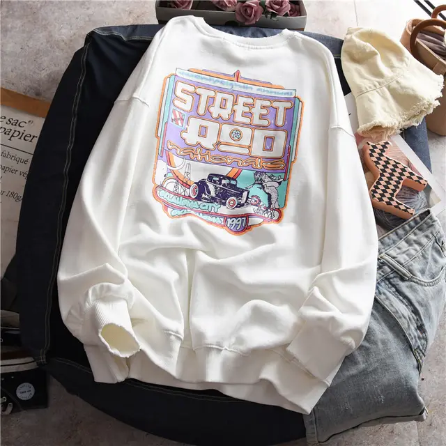 Round Neck Plus Velvet Loose Sweater Autumn And Winter Tops Retro All Match Women White - Shop at LoveMi