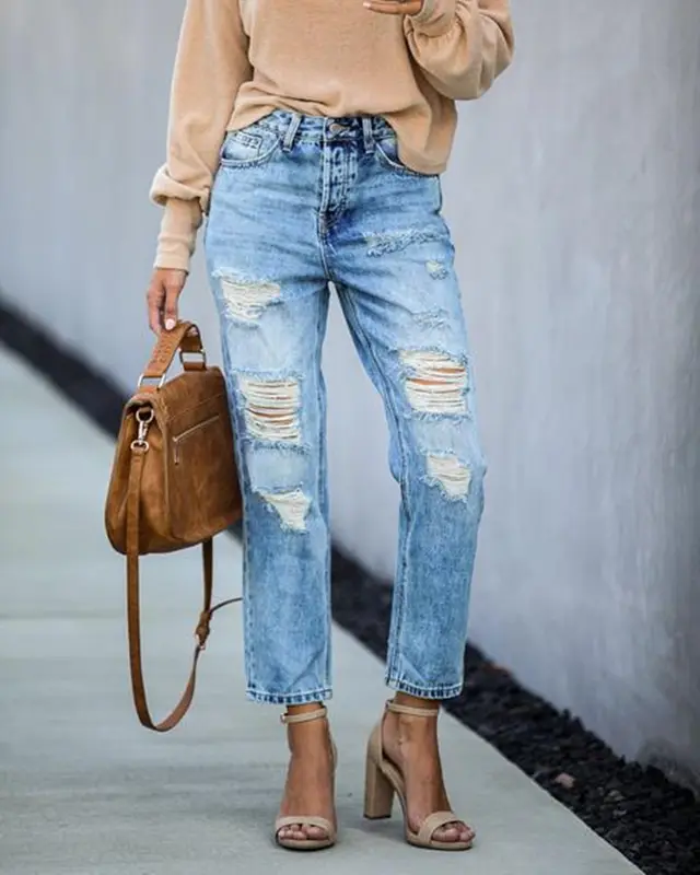 Street Hipster Mid Waist Torn Straight Leg Pants Light Blue - Shop at LoveMi