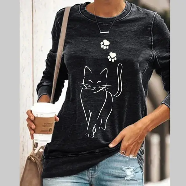 Cat Print Long Sleeve Round Neck Pullover Women's T Shirt Black - Shop at LoveMi