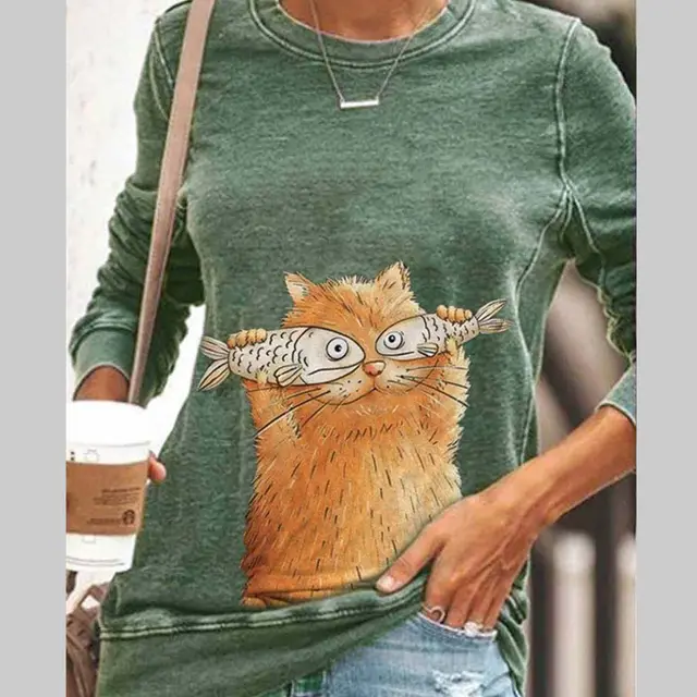 Cat Print Long Sleeve Round Neck Pullover Women's T Shirt Green - Shop at LoveMi