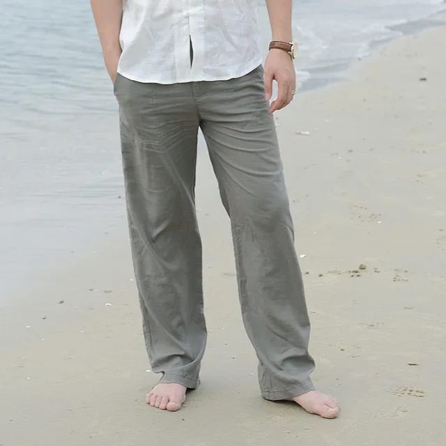 Loose Plus Size Cotton And Linen Elastic Waist Straight Beach Pants Army Green - Shop at LoveMi