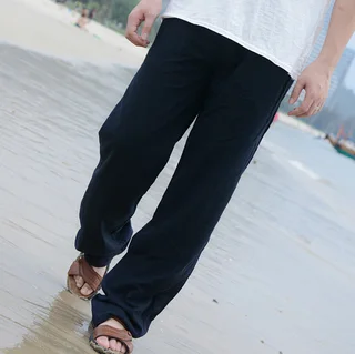 Loose Plus Size Cotton And Linen Elastic Waist Straight Beach Pants - Black