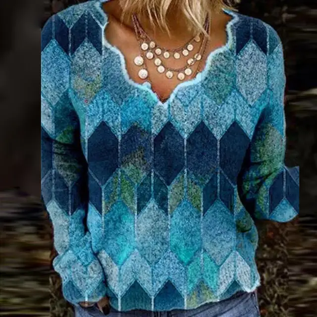 Printed Long Sleeve V Neck Sweater Women Blue - Shop at LoveMi