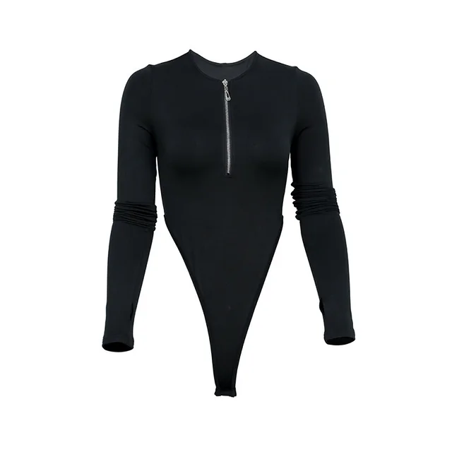 Solid Color Plus Velvet Long Sleeved Zipper Round Neck High Fork Bodysuit Black - Shop at LoveMi