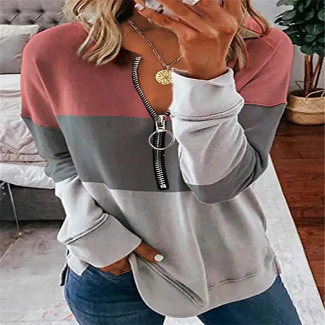 Contrasting Color Round Neck Zipper Long Sleeve Sweater Pink - Shop at LoveMi