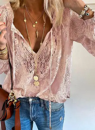 All-Match Short Lace Stitching Long-Sleeved T-Shirt - Pink