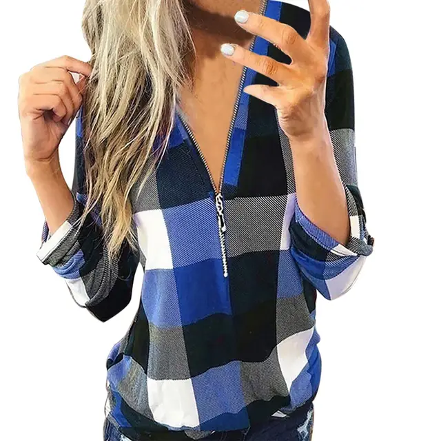 Check Printed V Neck Zip Long Sleeve Top Blue - Shop at LoveMi