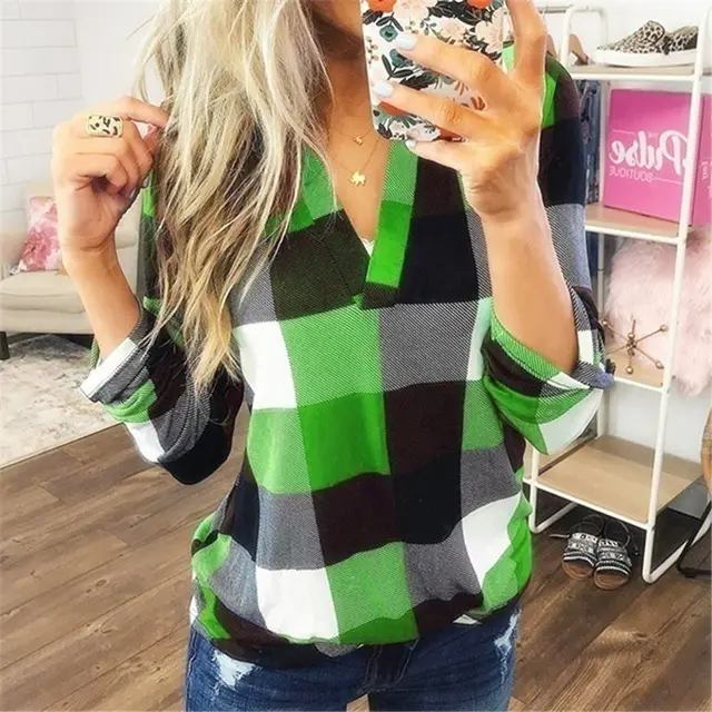 Check Printed V Neck Zip Long Sleeve Top Green - Shop at LoveMi