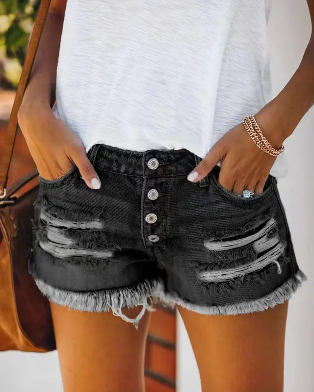 Fringed Denim Shorts Straight Breasted Women's Hot Pants Black - Shop at LoveMi