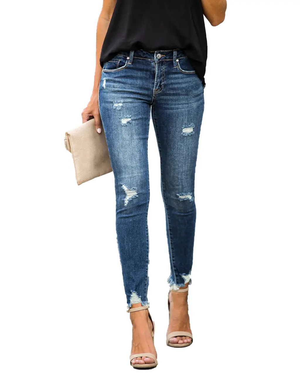Slim-Fit Jeans With Ripped Trousers And Raw Edges - Navy Blue
