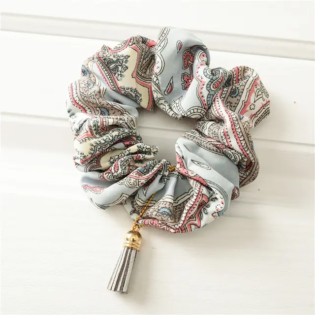 Retro Bohemian Ethnic Style Large Intestine Ring Fabric Hair Ring Tassel Pendant Elastic Elastic Band hair Rope Light Blue - Shop at LoveMi