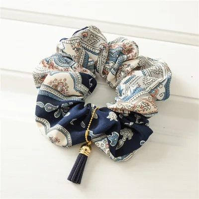 Retro Bohemian Ethnic Style Large Intestine Ring Fabric Hair Ring Tassel Pendant Elastic Elastic Band hair Rope Navy Blue - Shop at LoveMi