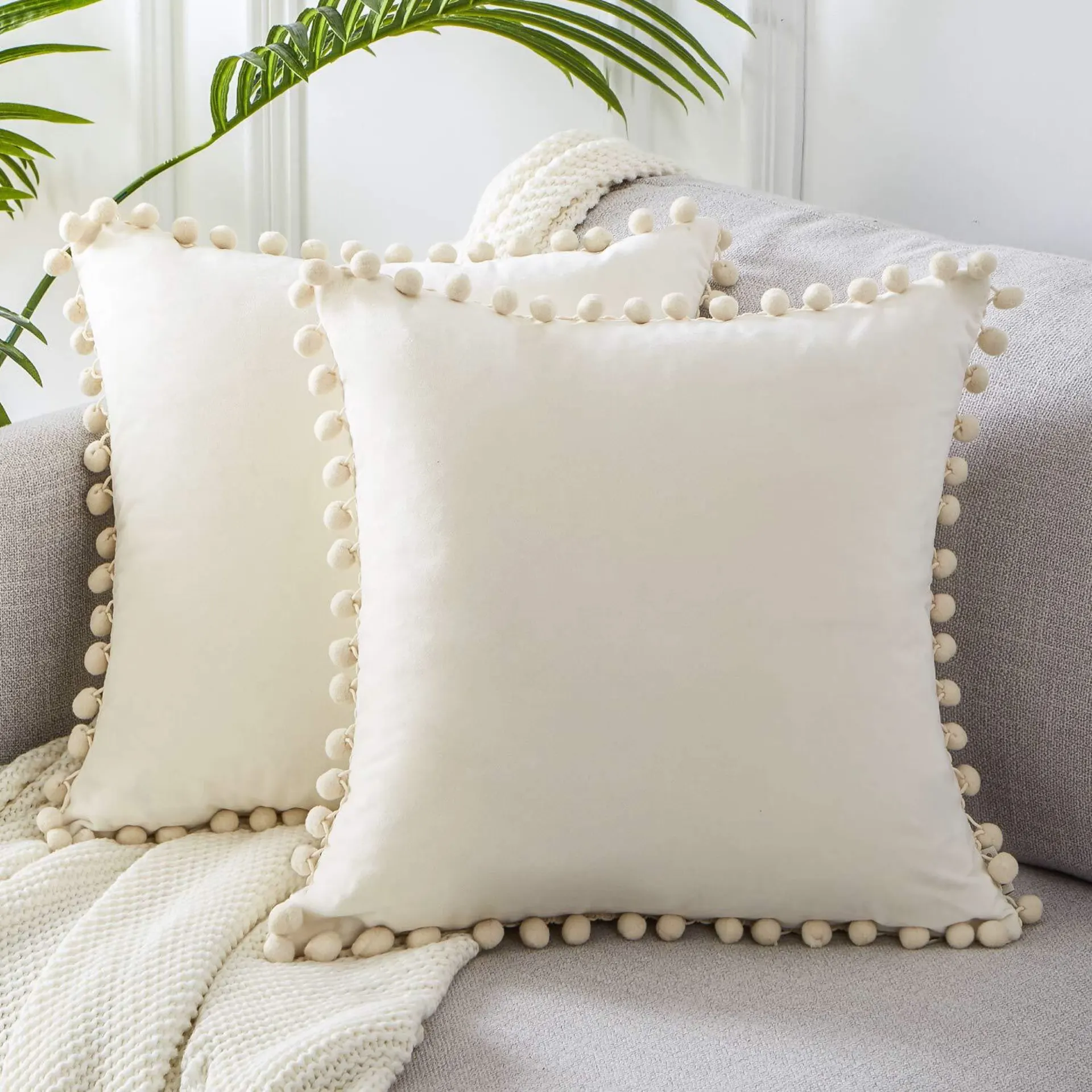 Ball ball lace pillow velvet solid color sofa short plush ball cushion cover - White