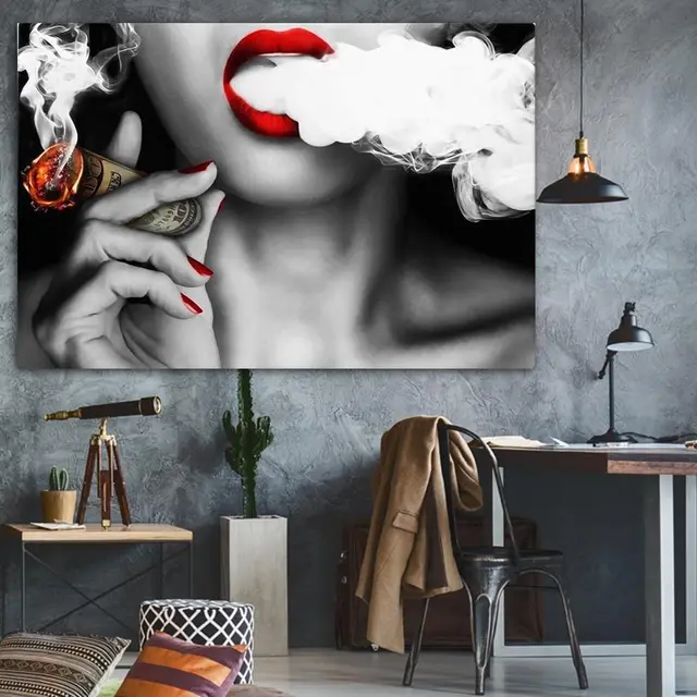 Sexy Red Lips Smoking Woman Vintage Decorative Painting - Shop at LoveMi