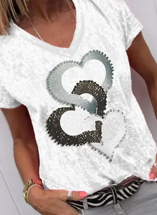 Printed Pullover Loose Short Sleeve V-Neck Women's Top - White