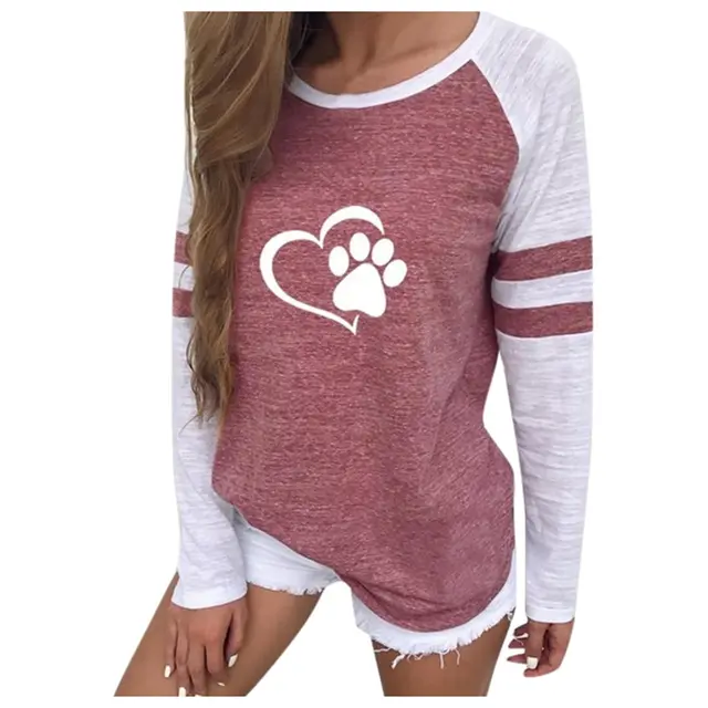 Love Print Stitching Color Matching Round Neck Long Sleeves Pinka - Shop at LoveMi