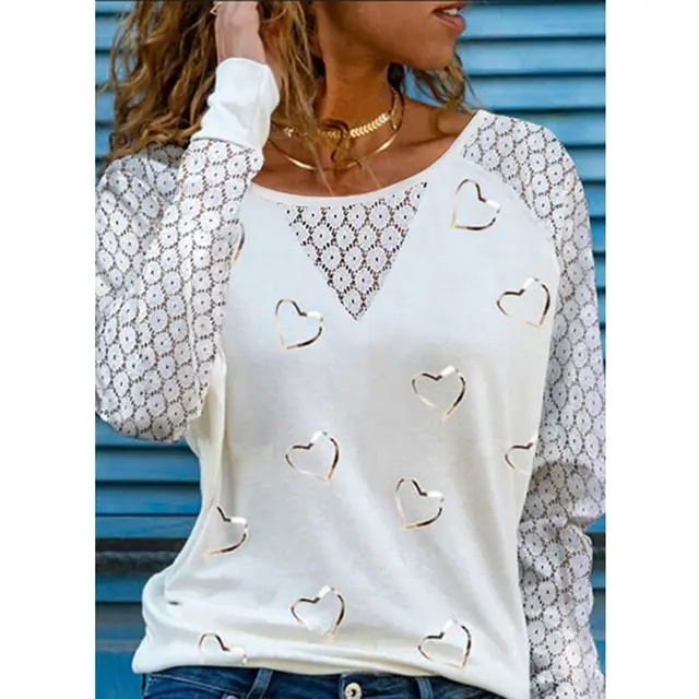 Long Sleeve Love Print Round Neck Lace T Shirt White - Shop at LoveMi