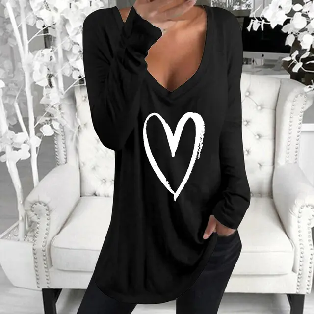 Long Sleeve V Neck Heart Printed Casual Top T Shirt Black - Shop at LoveMi