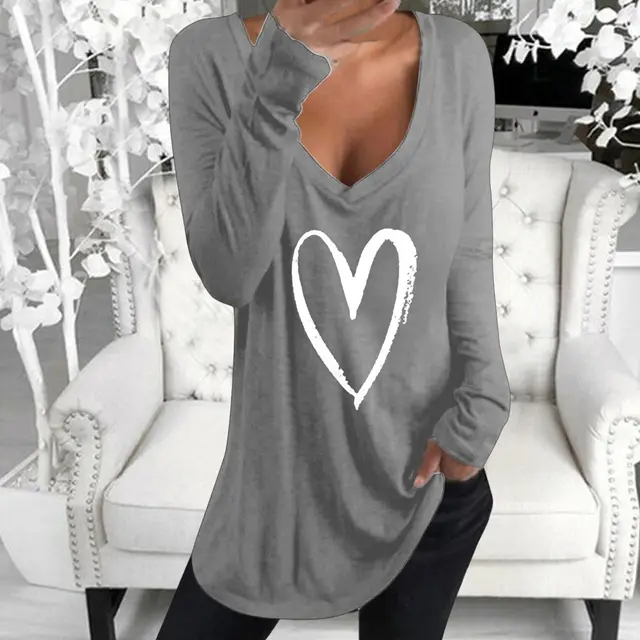 Long Sleeve V Neck Heart Printed Casual Top T Shirt Grey - Shop at LoveMi
