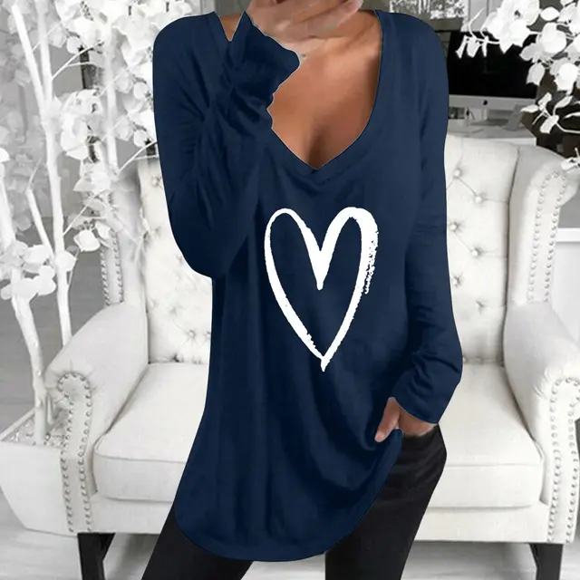 Long Sleeve V Neck Heart Printed Casual Top T Shirt Navy Blue - Shop at LoveMi