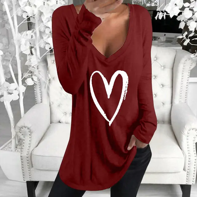 Long Sleeve V Neck Heart Printed Casual Top T Shirt Wine Red - Shop at LoveMi