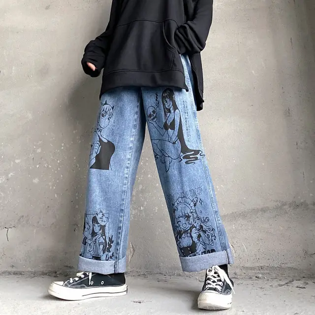 Cartoon Print Loose All Match Wide Leg Jeans Men Blue - Shop at LoveMi