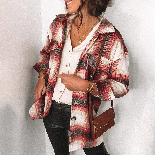 Plaid Stitching Lapel Long Sleeve Shirt Women Red - Shop at LoveMi