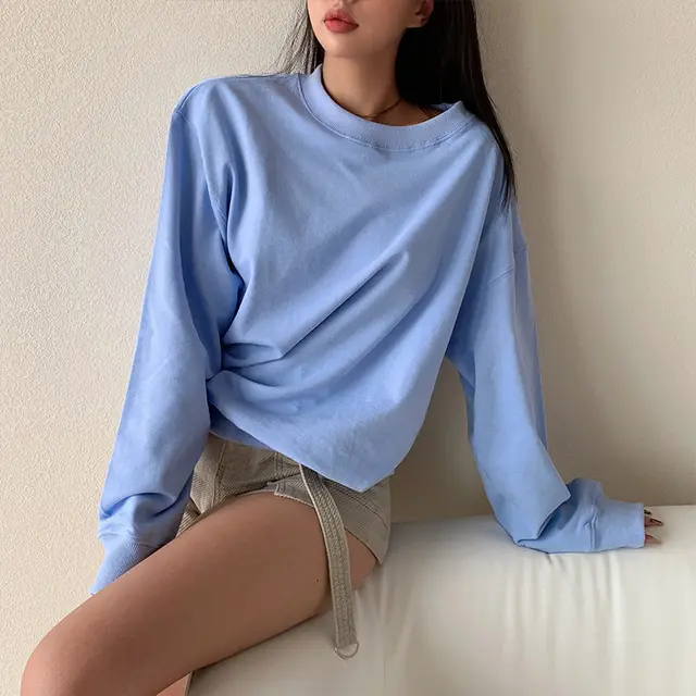 European And American Ins Bloggers Long Sleeved Pure White Sweater Women Light Blue - Shop at LoveMi