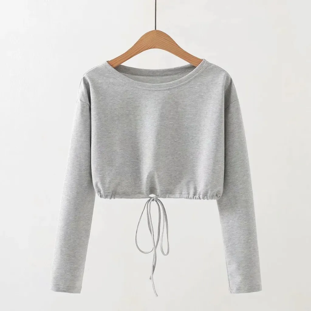 Pure Color Drawstring Short Hooded Sweatshirt - Grey