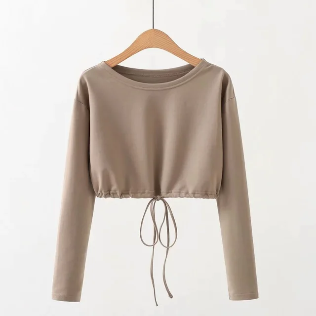 Pure Color Drawstring Short Hooded Sweatshirt Khaki - Shop at LoveMi