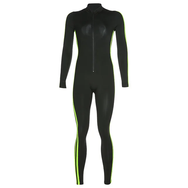 Sports Contrast Color Webbing Stitching Zipper Slim Fit All inclusive One piece Fitness suit Black - Shop at LoveMi