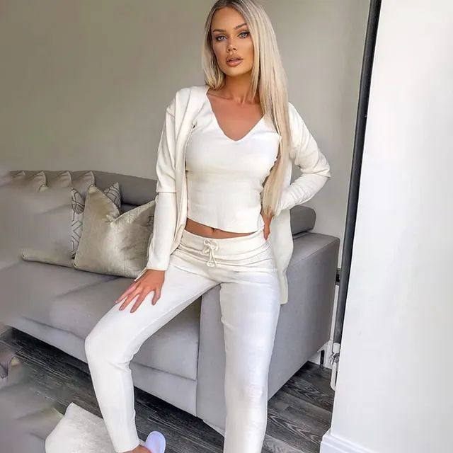 Autumn New Style Knitted Casual Pants High Waist Lace Up Slim Trousers White - Shop at LoveMi