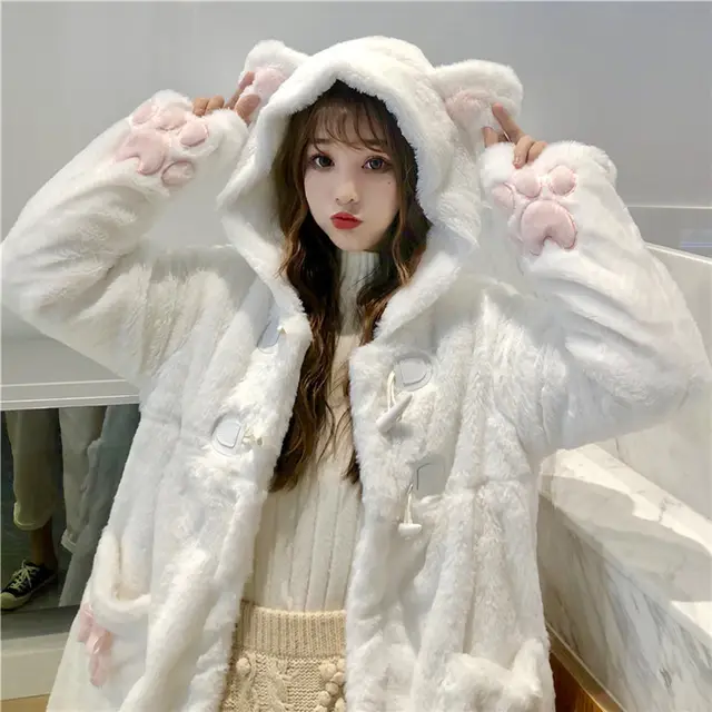 Hooded Cute Cat Ears Cotton Padded Coat Women White - Shop at LoveMi