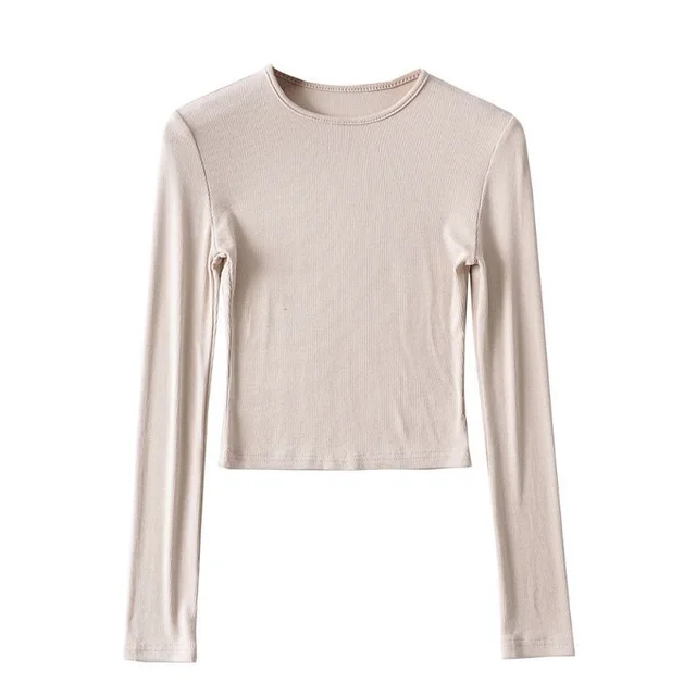 Turtleneck Round Neck Long Sleeve Slim Fit Short High Waist Women's T shirt Beige - Shop at LoveMi