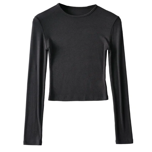 Turtleneck Round Neck Long Sleeve Slim Fit Short High Waist Women's T shirt Black - Shop at LoveMi