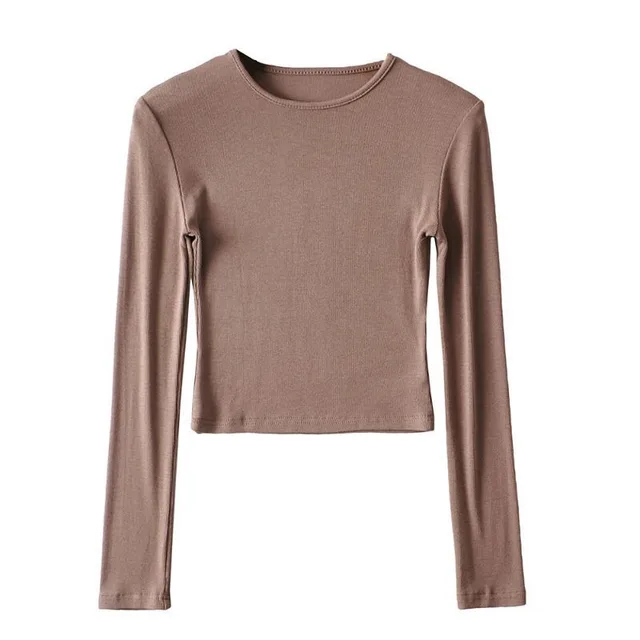 Turtleneck Round Neck Long Sleeve Slim Fit Short High Waist Women's T shirt Coffee - Shop at LoveMi
