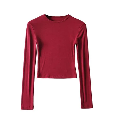 Turtleneck Round Neck Long Sleeve Slim Fit Short High Waist Women's T shirt Red - Shop at LoveMi
