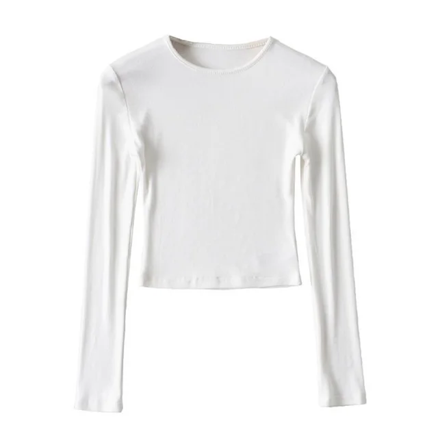 Turtleneck Round Neck Long Sleeve Slim Fit Short High Waist Women's T shirt White - Shop at LoveMi