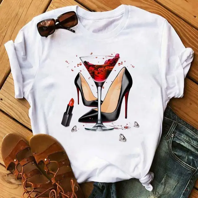 Short Sleeve T Shirt Fashion High Heels Print - Shop at LoveMi