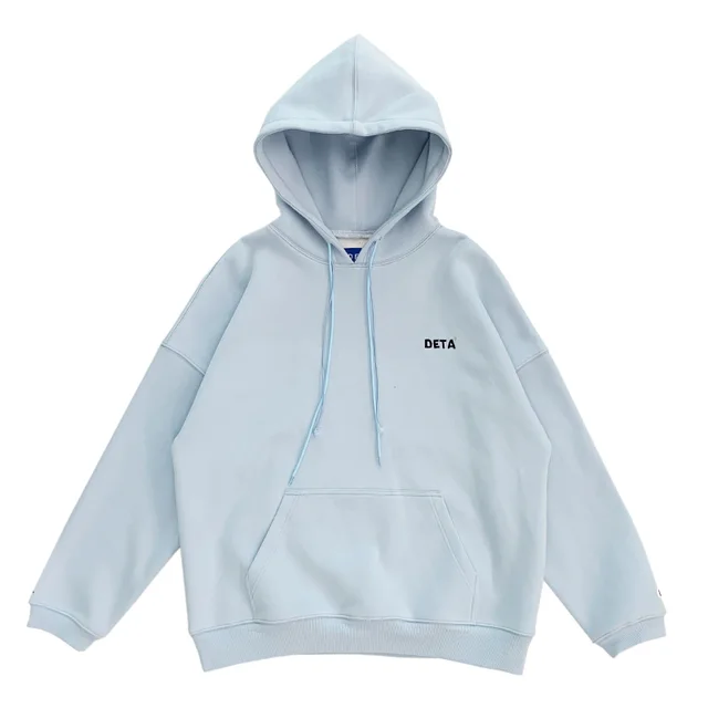 Embroidered Logo And Velvet Hooded Loose Pullover Sweater Blue - Shop at LoveMi