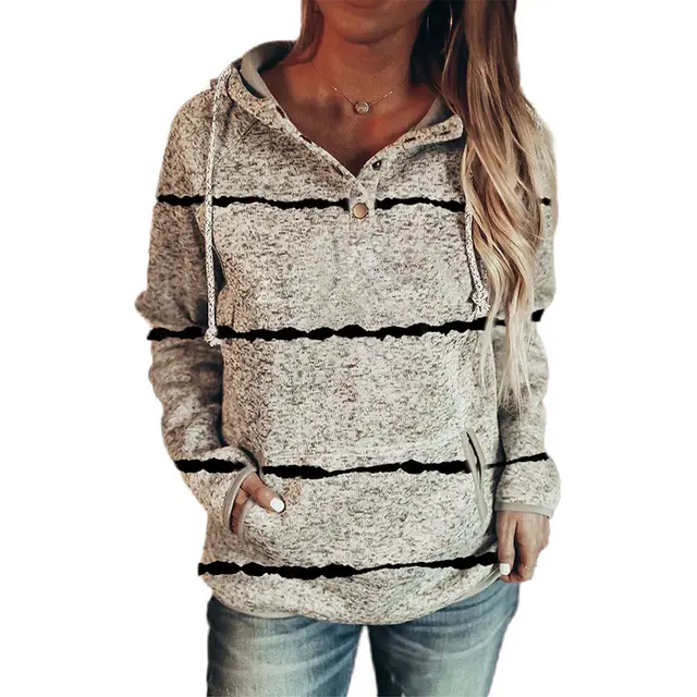 Long Sleeve Fashion Striped Hooded Sweater Women Grey - Shop at LoveMi